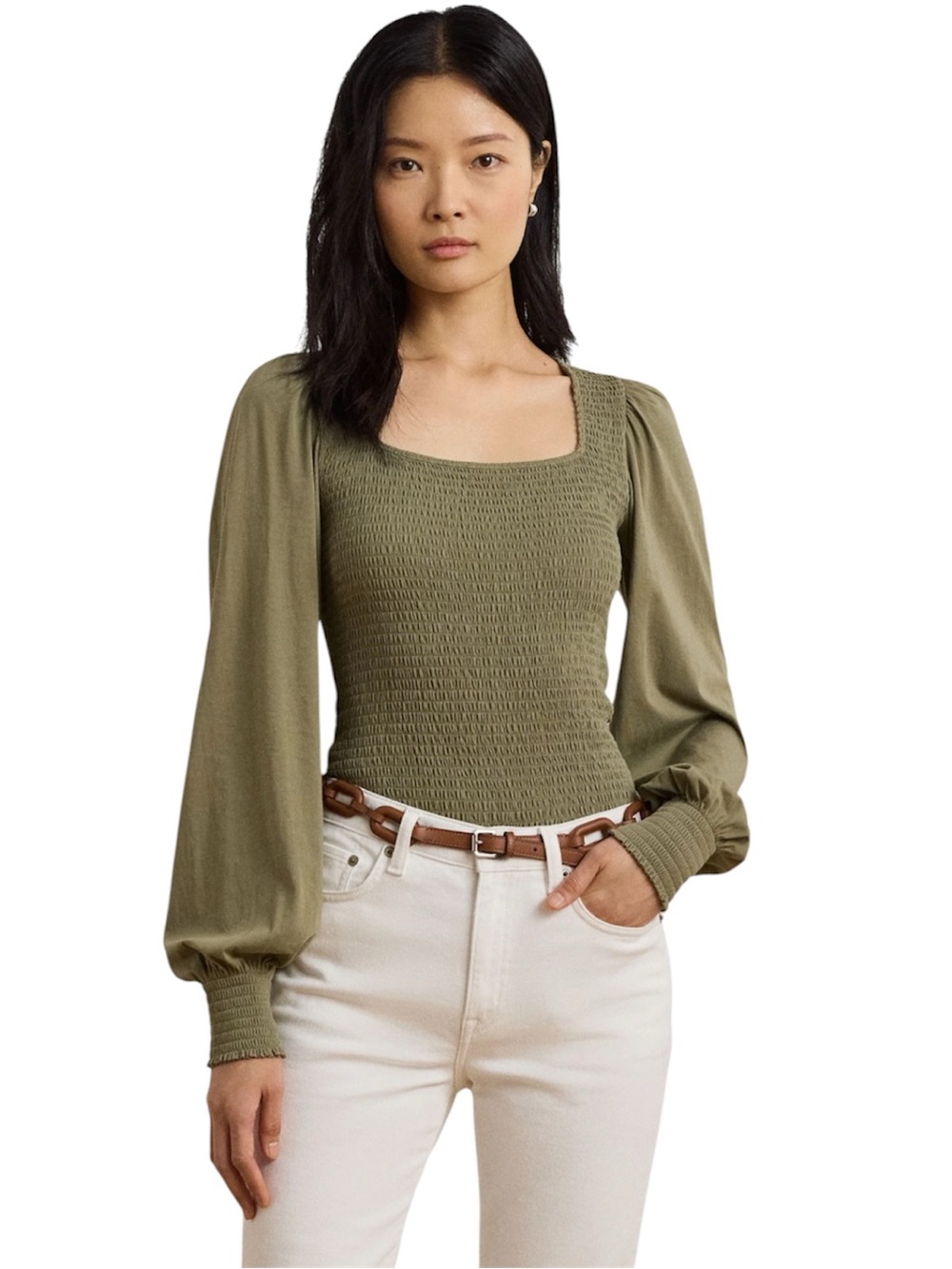 NWT Lauren Ralph Lauren Smocked Jersey Blouson-Sleeve Top - Sage Green - L